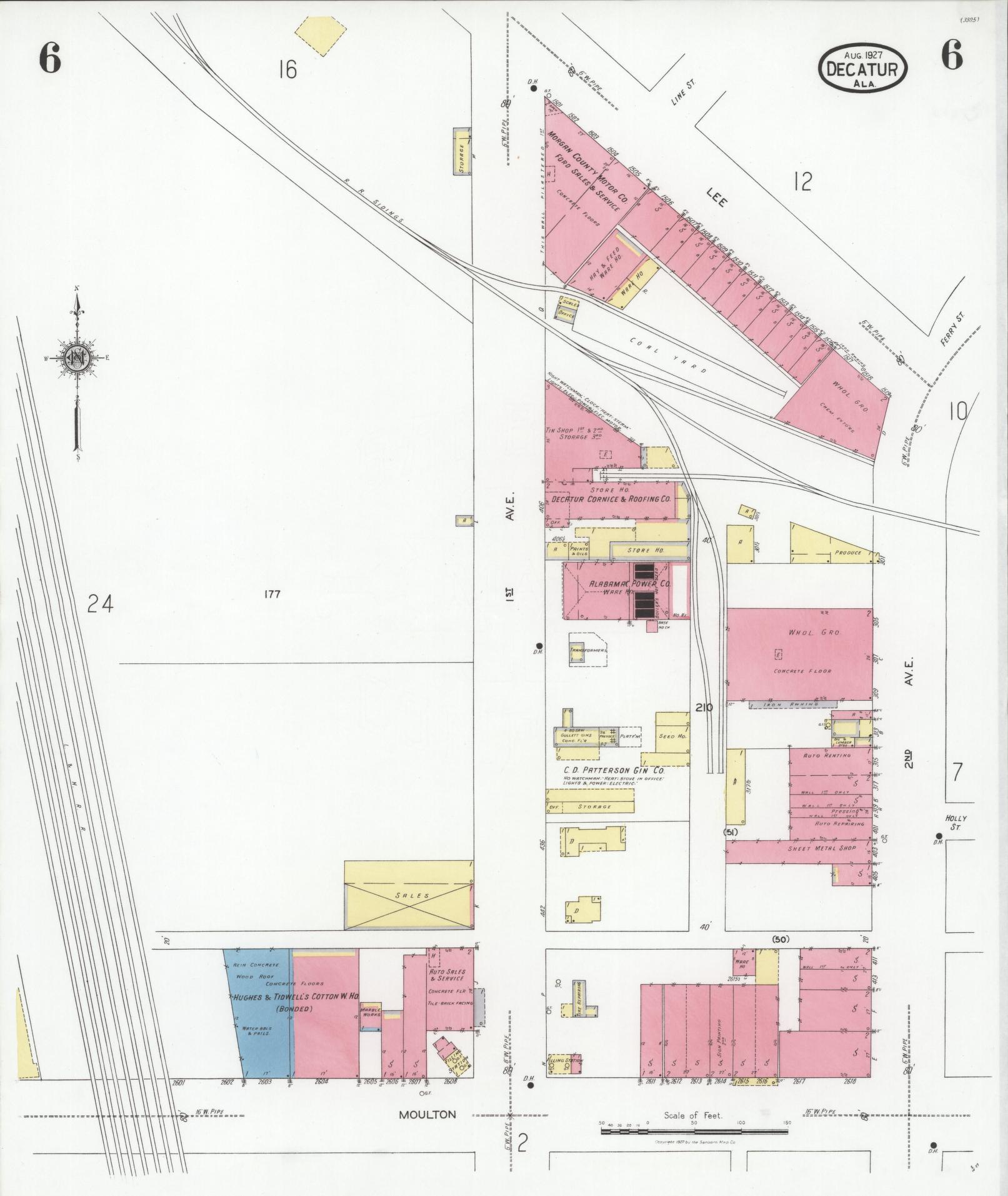 Sanborn Fire Insurance Map from Decatur, Morgan County, Alabama (1927), Sheet #0006 - Historic Sanborn Fire Insurance Map Print, vintage old map wall art, antique decor, genealogy gift, Alabama Alabama map