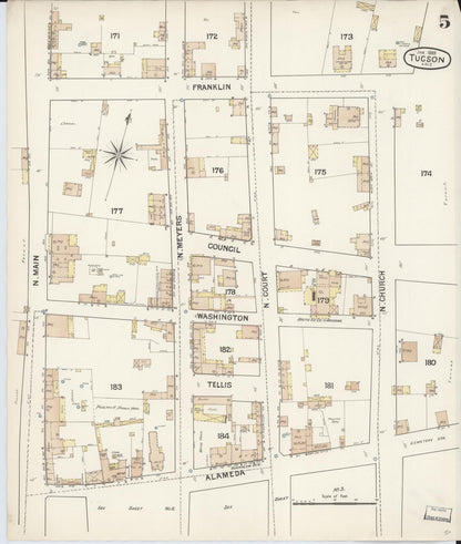 Sanborn Fire Insurance Map from Tucson, Pima County, Arizona (1889), Sheet #0005 - Complete Map Set gallery image, historic Sanborn map, vintage wall art, Arizona Arizona