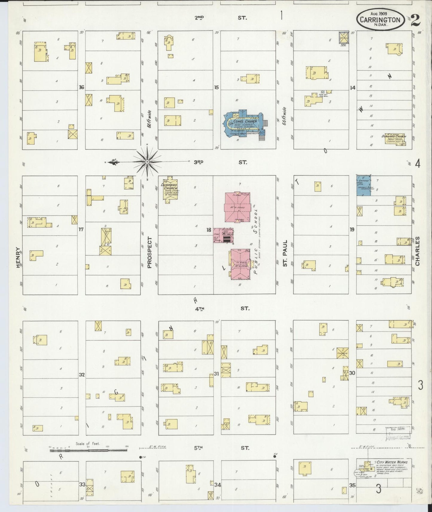 Sanborn Fire Insurance Map from Carrington, Foster County, North Dakota (1909), Sheet #0002 - Complete Map Set gallery image, historic Sanborn map, vintage wall art, North Dakota North Dakota