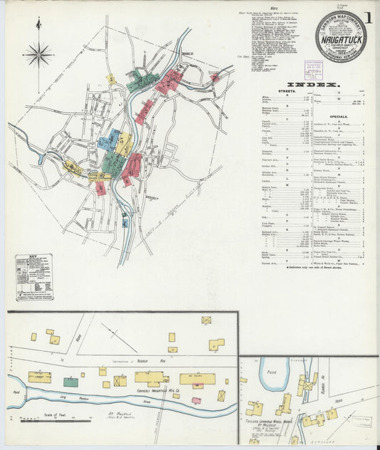 Sanborn Fire Insurance Map from Naugatuck, New Haven County, Connecticut (1904), Sheet #0001 - Historic Sanborn Fire Insurance Map Print, vintage old map wall art, antique decor, genealogy gift, Connecticut Connecticut map