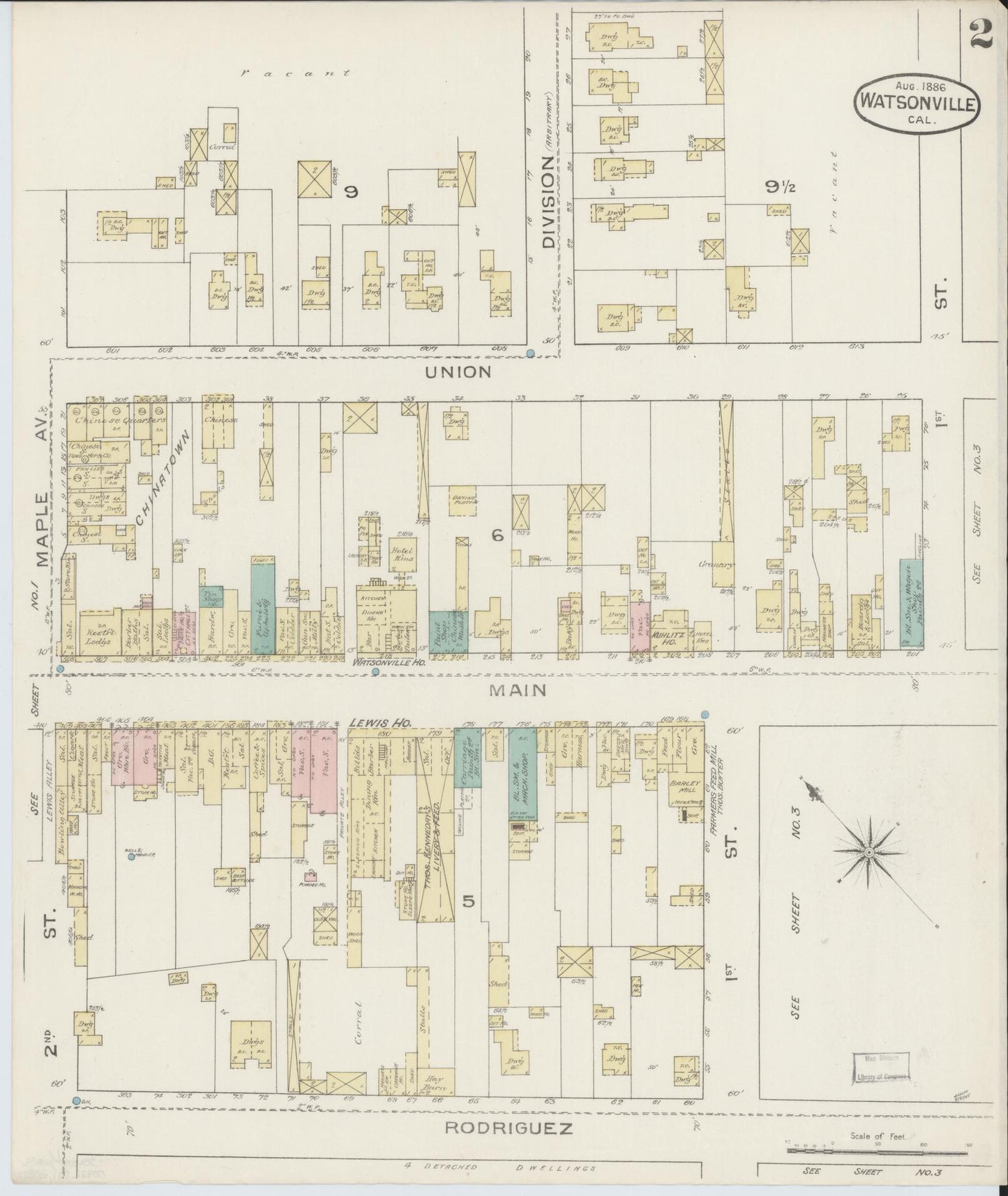 Sanborn Fire Insurance Map from Watsonville, Santa Cruz County, California (1886), Sheet #0002 - Complete Map Set gallery image, historic Sanborn map, vintage wall art, California California