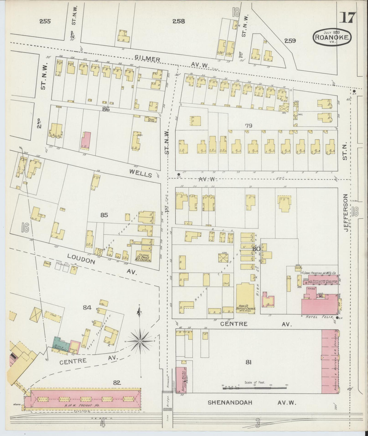 Sanborn Fire Insurance Map from Roanoke, Independent Cities, Virginia (1893), Sheet #0017 - Historic Sanborn Fire Insurance Map Print, vintage old map wall art, antique decor, genealogy gift, Virginia Virginia map