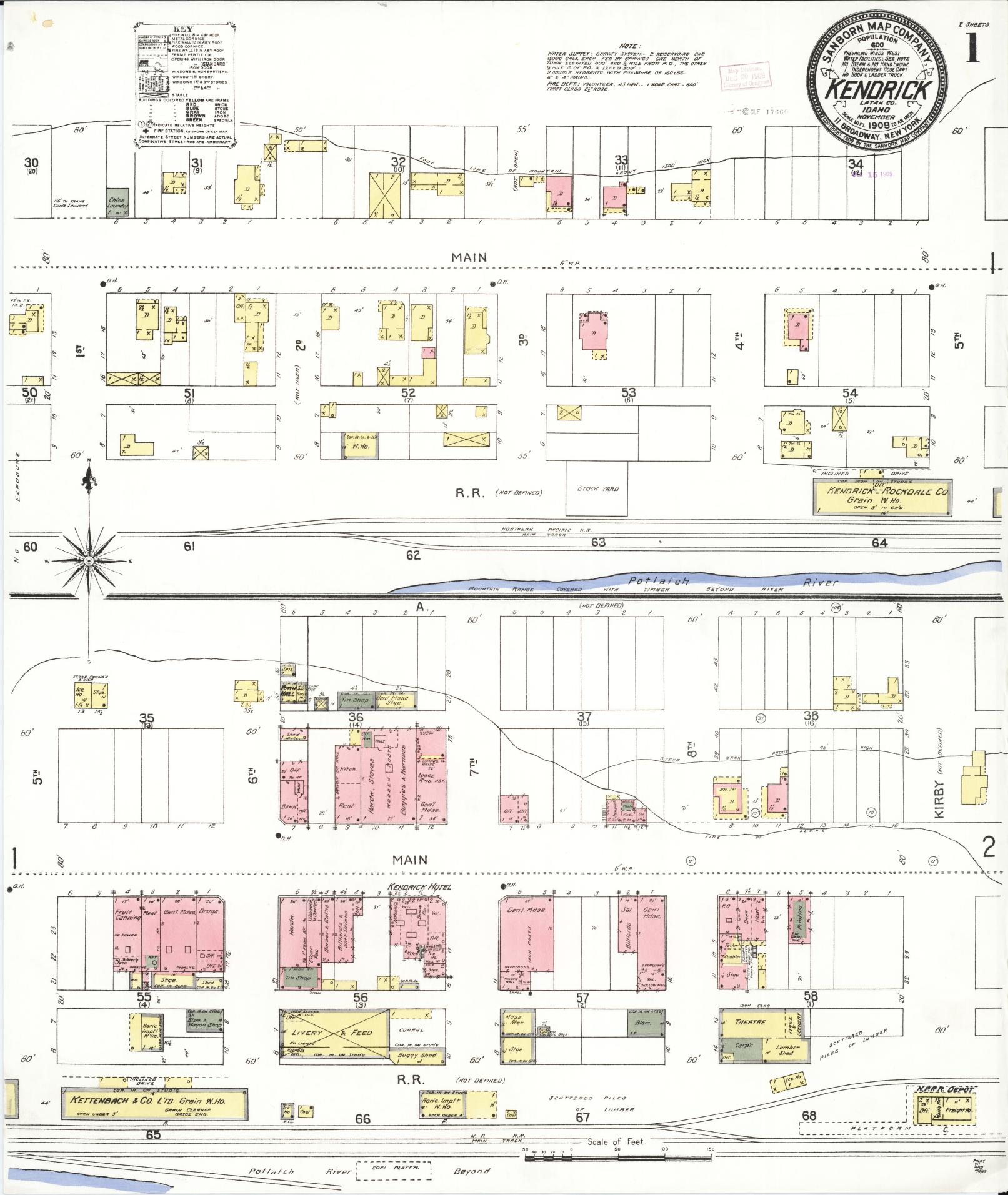Sanborn Fire Insurance Map from Kendrick, Latah County, Idaho (1909), Sheet #0001 - Historic Sanborn Fire Insurance Map Print, vintage old map wall art, antique decor, genealogy gift, Idaho Idaho map
