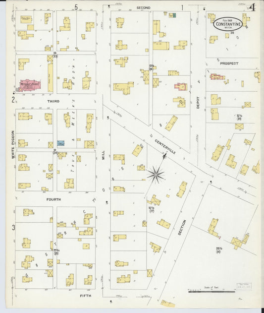 Sanborn Fire Insurance Map from Constantine, Saint Joseph County, Michigan (1909), Sheet #0004 - Historic Sanborn Fire Insurance Map Print, vintage old map wall art, antique decor, genealogy gift, Michigan Michigan map