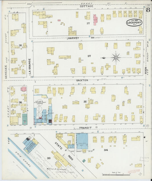 Sanborn Fire Insurance Map from Lockport, Niagara County, New York (1892), Sheet #0008 - Historic Sanborn Fire Insurance Map Print, vintage old map wall art, antique decor, genealogy gift, New York New York map