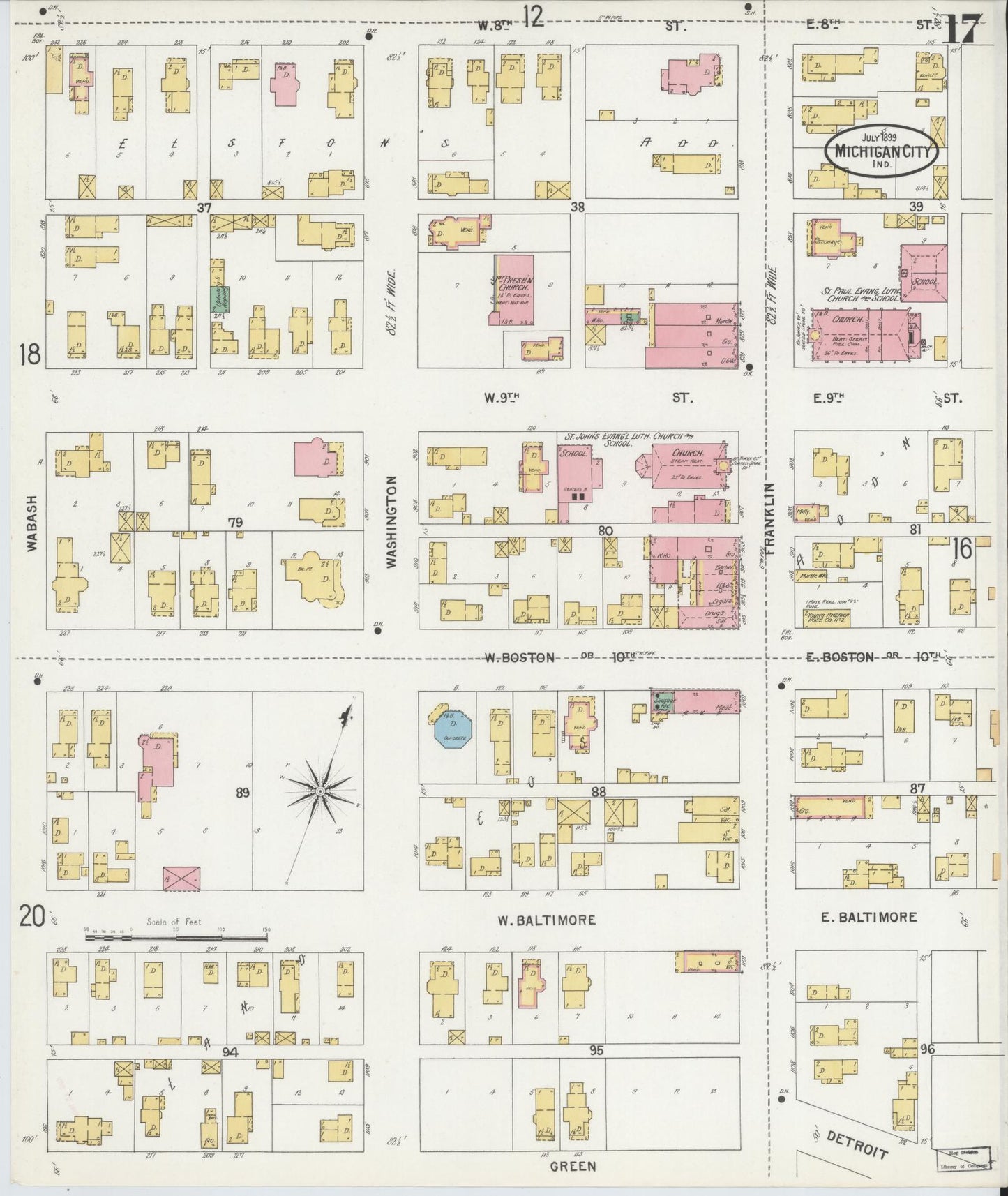 Sanborn Fire Insurance Map from Michigan City, La Porte County, Indiana (1899), Sheet #0017 - Historic Sanborn Fire Insurance Map Print, vintage old map wall art, antique decor, genealogy gift, Indiana Indiana map