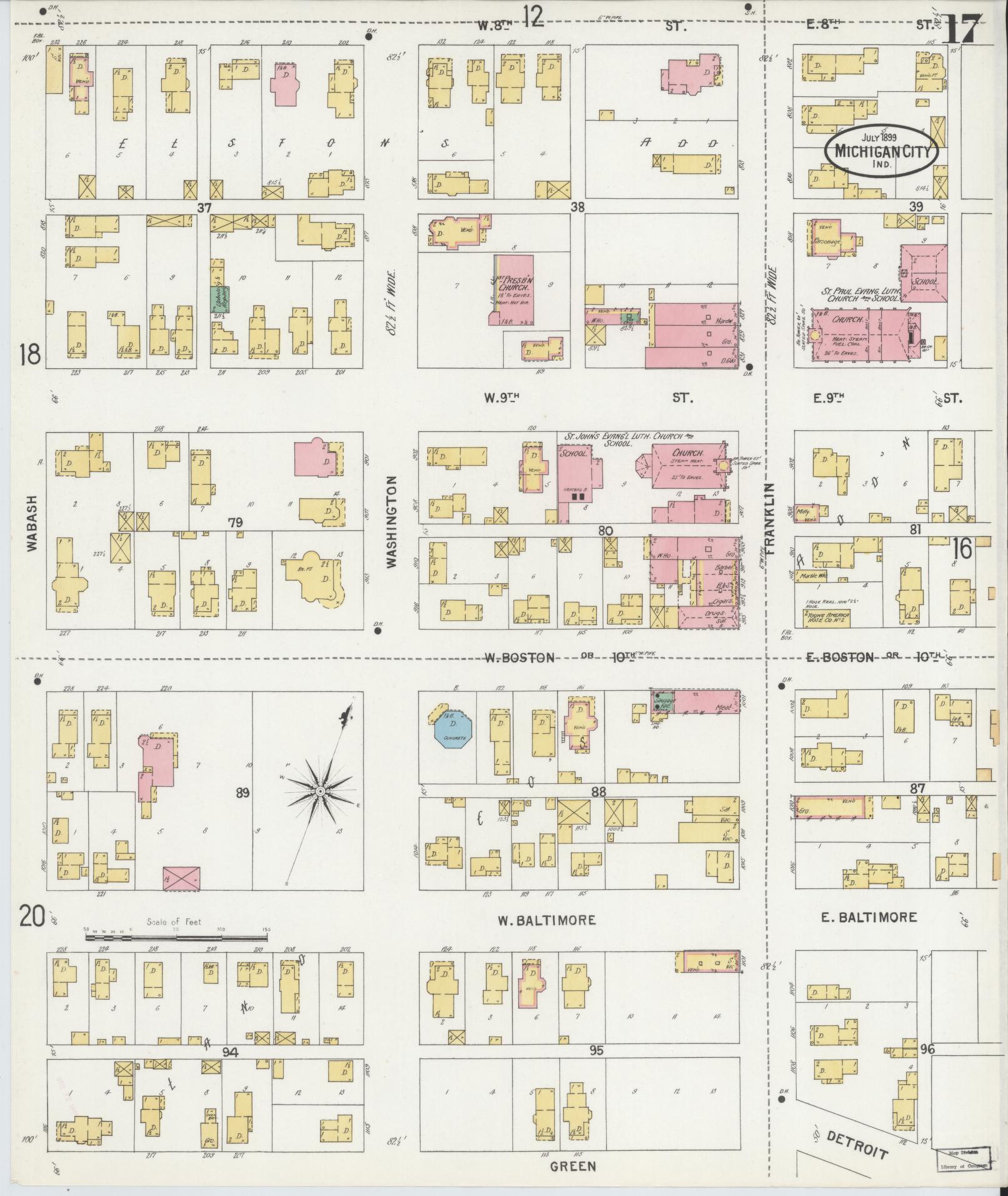 Sanborn Fire Insurance Map from Michigan City, La Porte County, Indiana (1899), Sheet #0017 - Historic Sanborn Fire Insurance Map Print, vintage old map wall art, antique decor, genealogy gift, Indiana Indiana map