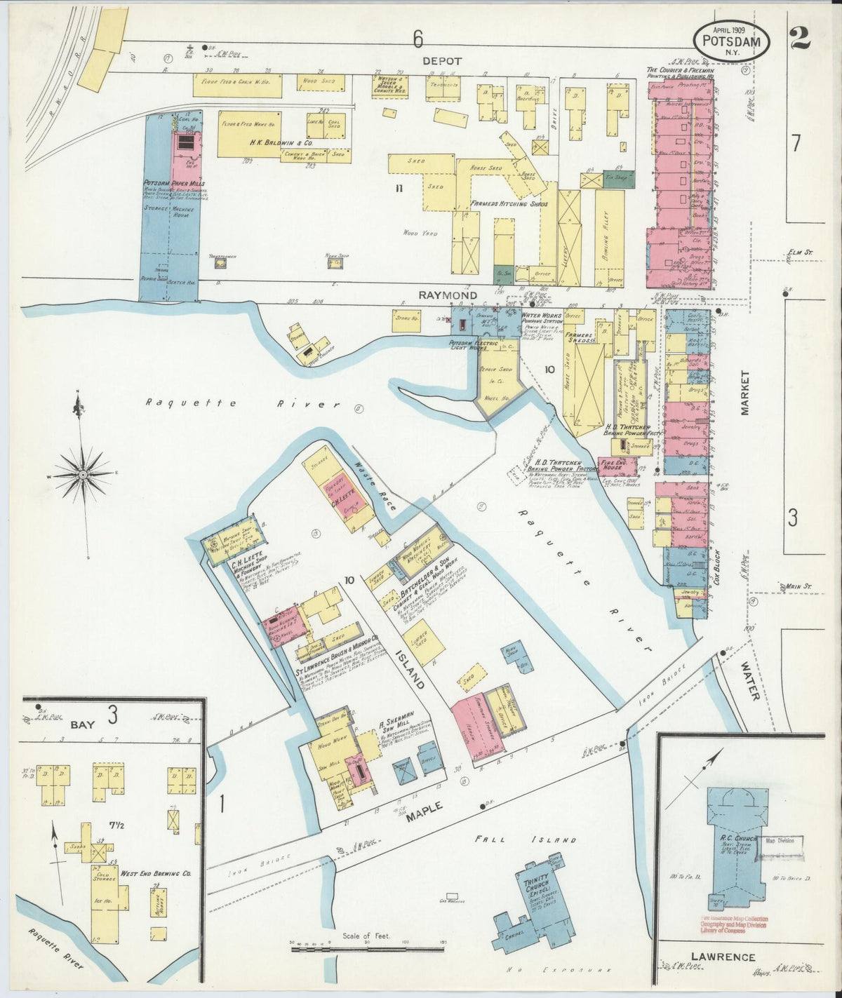Sanborn Fire Insurance Map from Potsdam, St. Lawrence County, New York (1909), Sheet #0002 - Complete Map Set gallery image, historic Sanborn map, vintage wall art, New York New York