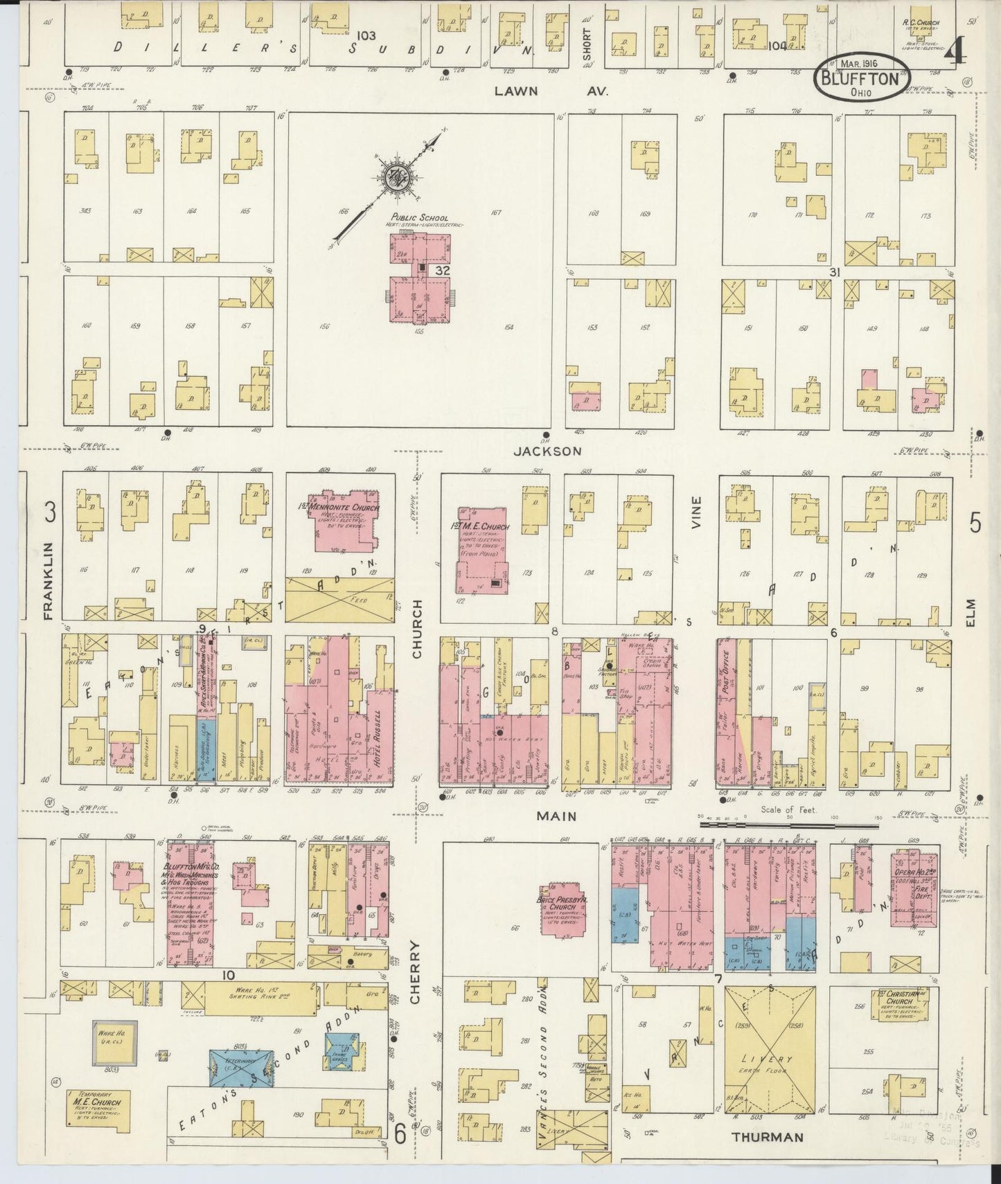 Sanborn Fire Insurance Map from Bluffton, Allen County, Ohio (1916), Sheet #0004 - Historic Sanborn Fire Insurance Map Print, vintage old map wall art, antique decor, genealogy gift, Ohio Ohio map
