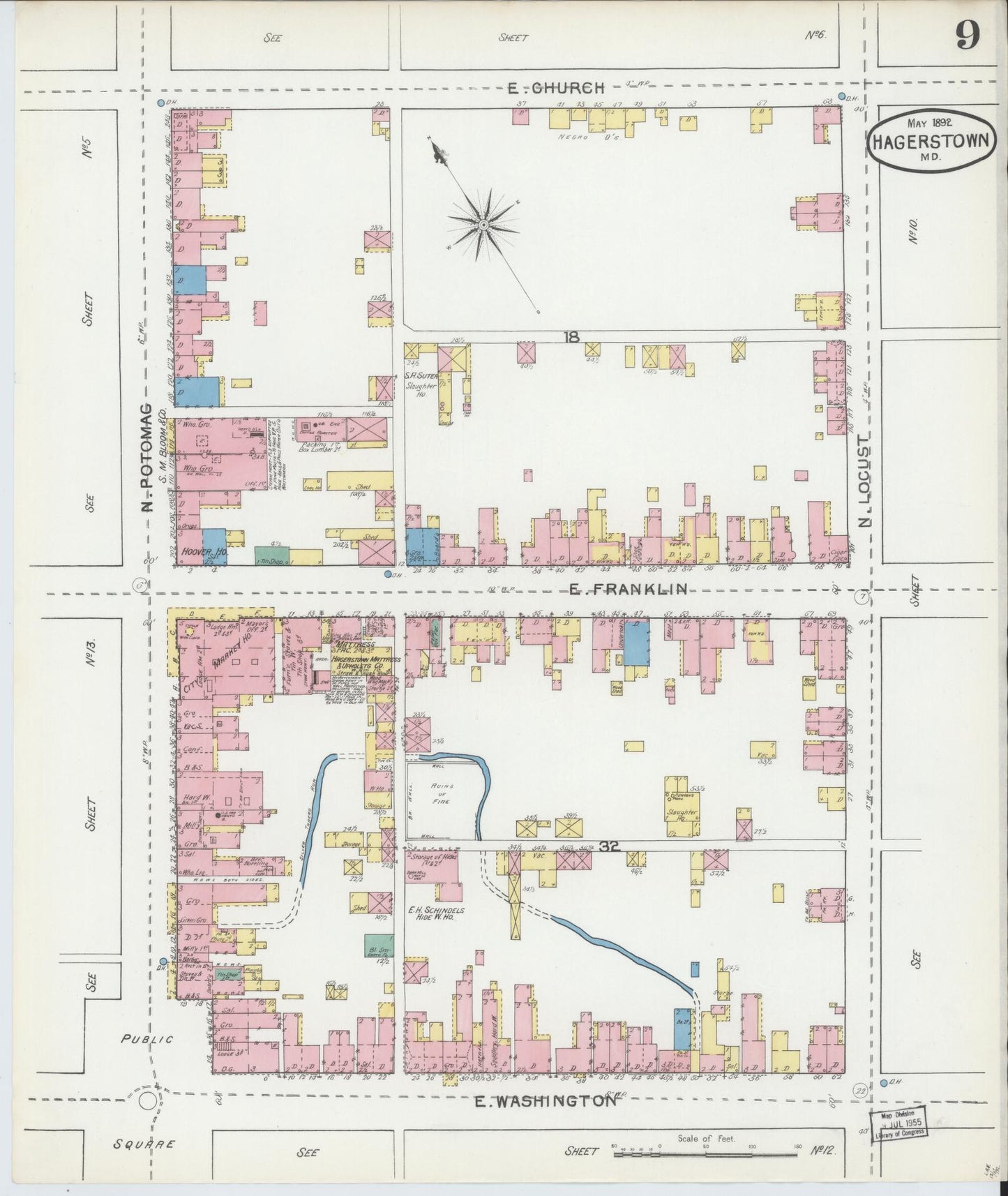 Washington, Maryland - 1892 - Sanborn Fire Insurance Map, Sheet #0009 - Historic Sanborn Fire Insurance Map Print, Washington Maryland 1892 0009 vintage old map wall art