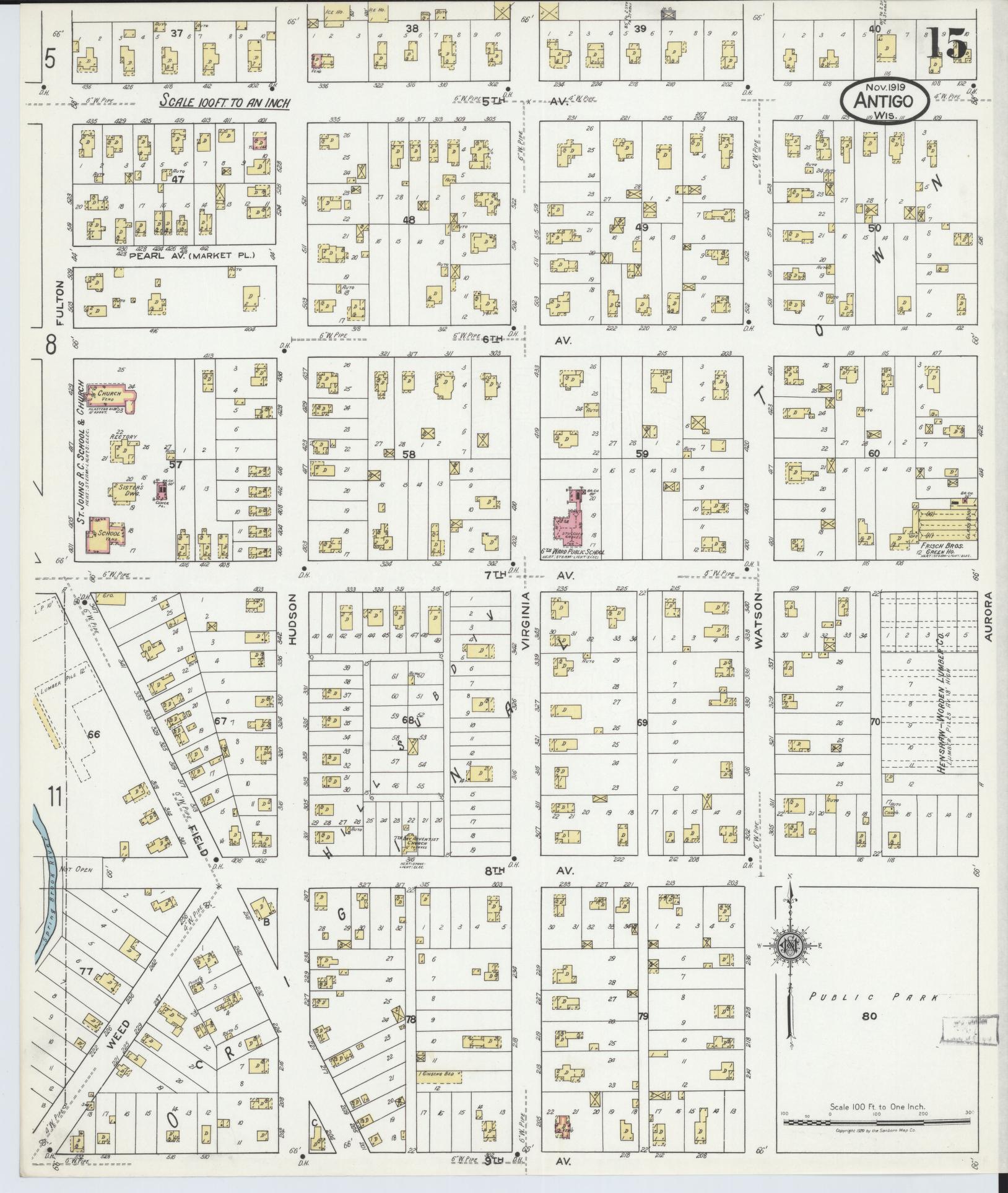 Sanborn Fire Insurance Map from Antigo, Langlade County, Wisconsin (1919), Sheet #0015 - Historic Sanborn Fire Insurance Map Print, vintage old map wall art, antique decor, genealogy gift, Wisconsin Wisconsin map