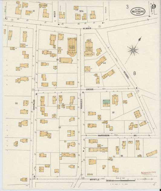 Sanborn Fire Insurance Map from Westboro, Worcester County, Massachusetts (1899), Sheet #0009 - Historic Sanborn Fire Insurance Map Print, vintage old map wall art, antique decor, genealogy gift, Massachusetts Massachusetts map