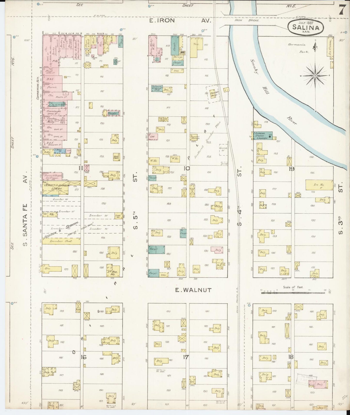 Sanborn Fire Insurance Map from Salina, Saline County, Kansas (1887), Sheet #0007 - Historic Sanborn Fire Insurance Map Print, vintage old map wall art, antique decor, genealogy gift, Kansas Kansas map