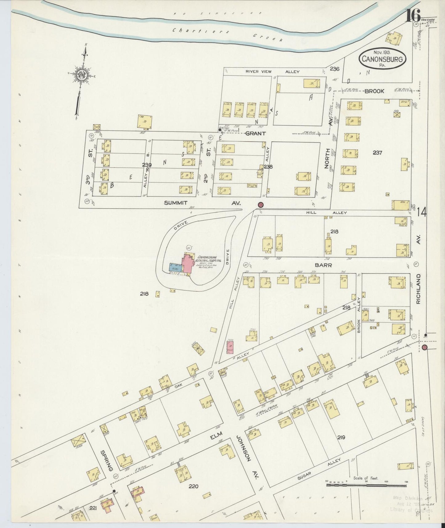 Sanborn Fire Insurance Map from Canonsburg, Washington County, Pennsylvania (1913), Sheet #0016 - Historic Sanborn Fire Insurance Map Print, vintage old map wall art, antique decor, genealogy gift, Pennsylvania Pennsylvania map