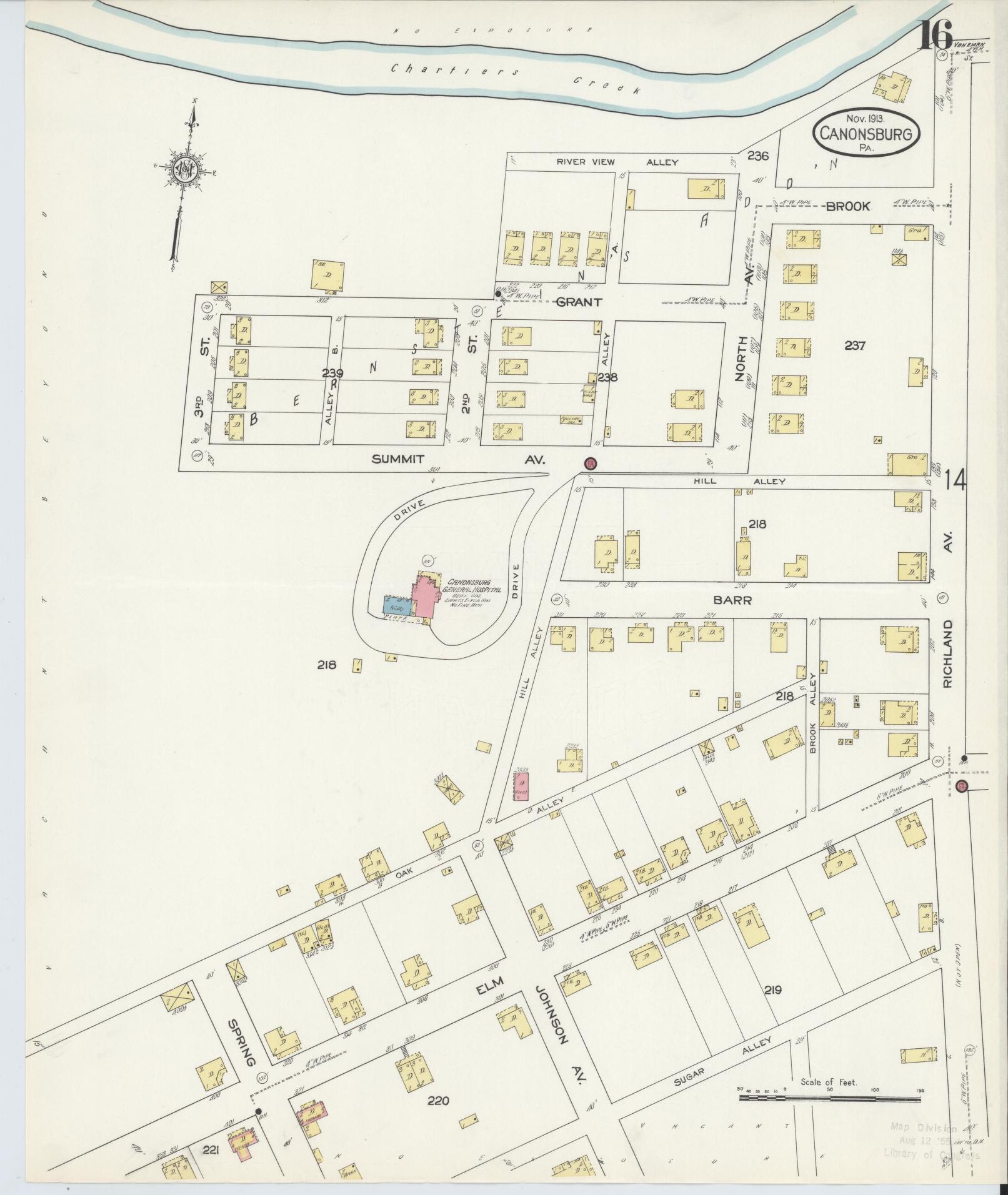 Sanborn Fire Insurance Map from Canonsburg, Washington County, Pennsylvania (1913), Sheet #0016 - Historic Sanborn Fire Insurance Map Print, vintage old map wall art, antique decor, genealogy gift, Pennsylvania Pennsylvania map