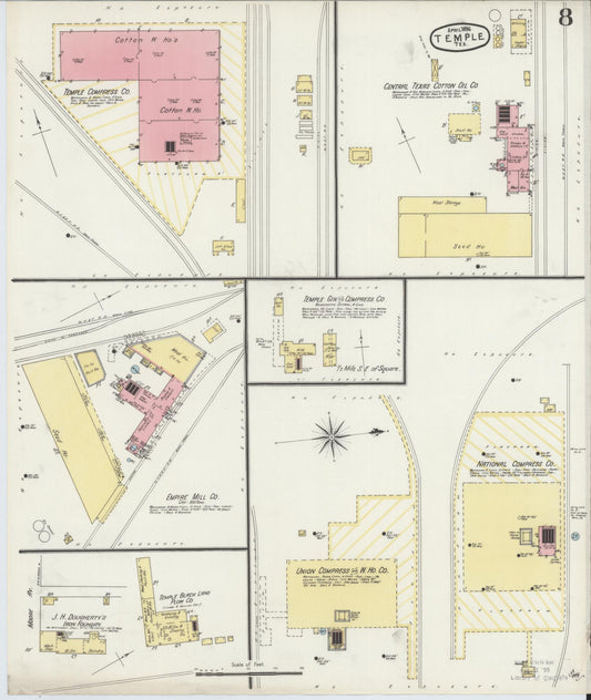 Sanborn Fire Insurance Map from Temple, Bell County, Texas (1896), Sheet #0008 - Historic Sanborn Fire Insurance Map Print, vintage old map wall art, antique decor, genealogy gift, Texas Texas map