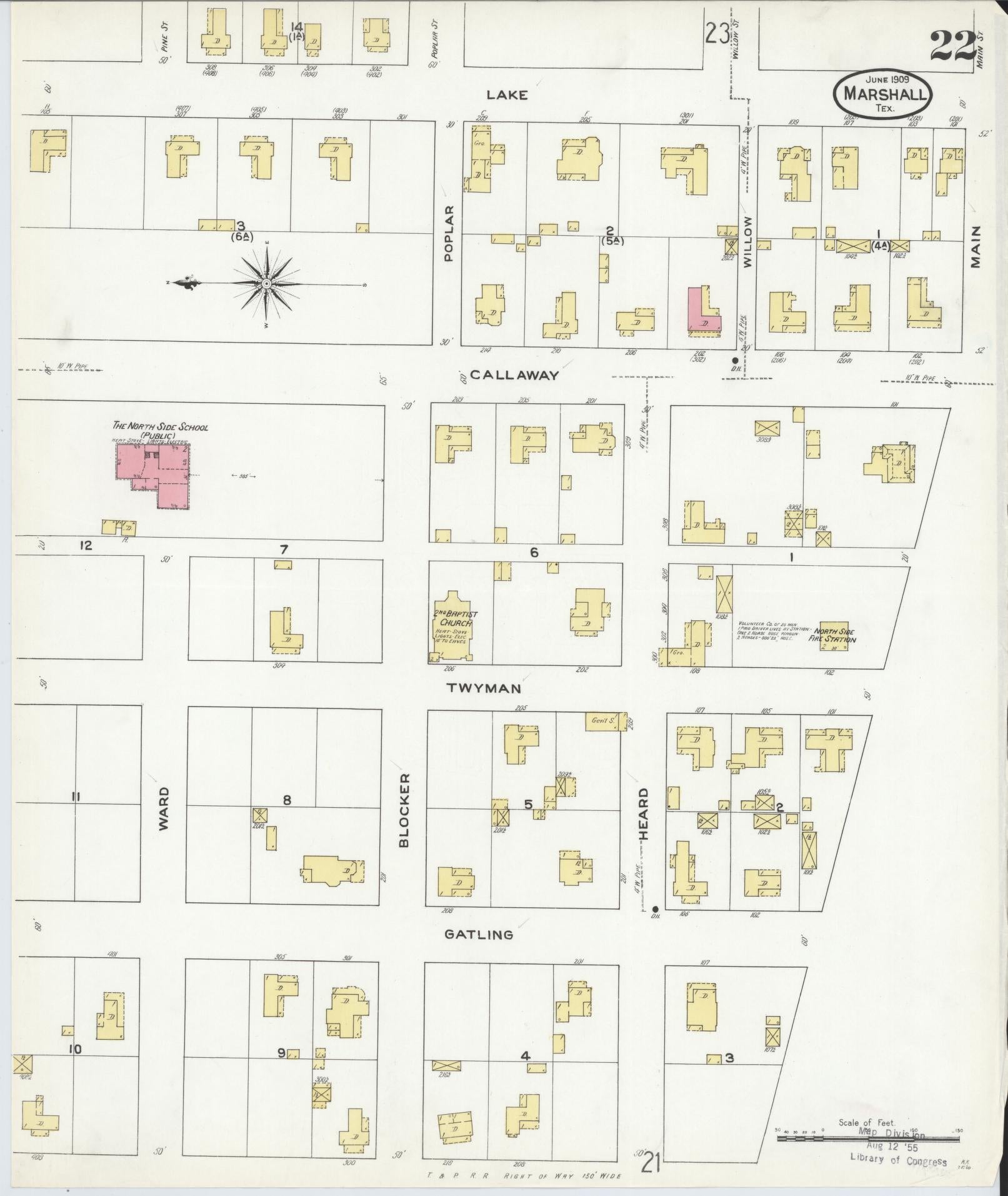 Sanborn Fire Insurance Map from Marshall, Harrison County, Texas (1909), Sheet #0022 - Complete Map Set gallery image, historic Sanborn map, vintage wall art, Texas Texas