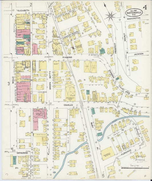 Sanborn Fire Insurance Map from Sistersville, Tyler County, West Virginia (1907), Sheet #0004 - Historic Sanborn Fire Insurance Map Print, vintage old map wall art, antique decor, genealogy gift, West Virginia West Virginia map