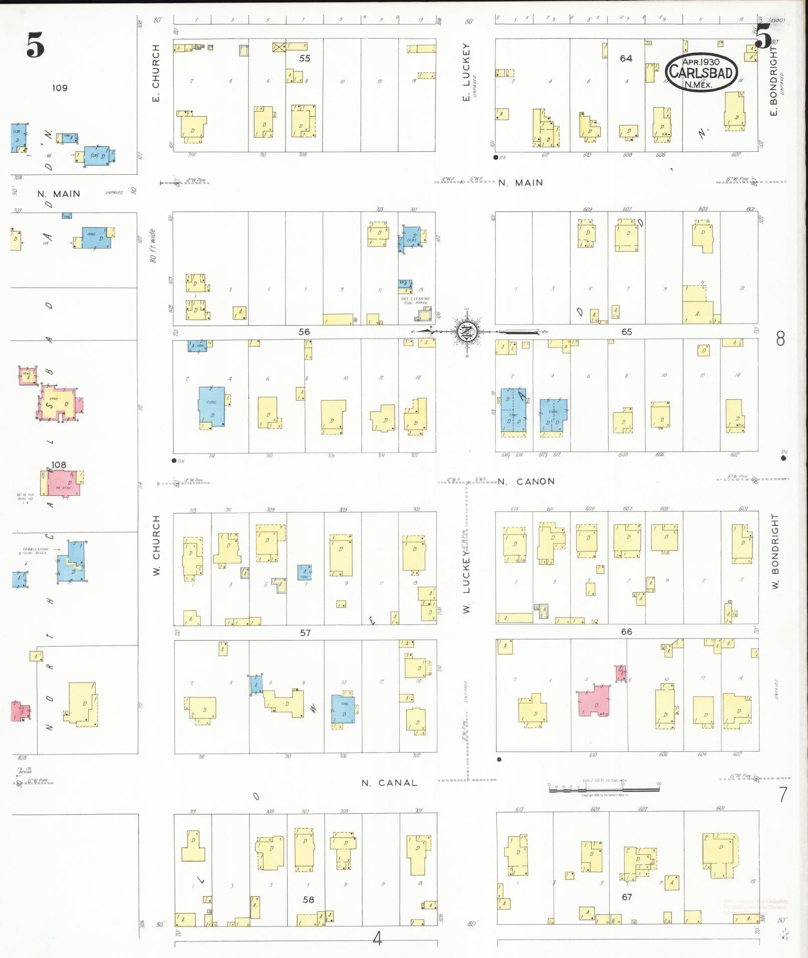 Sanborn Fire Insurance Map from Carlsbad, Eddy County, New Mexico (1930), Sheet #0005 - Historic Sanborn Fire Insurance Map Print, vintage old map wall art, antique decor, genealogy gift, New Mexico New Mexico map
