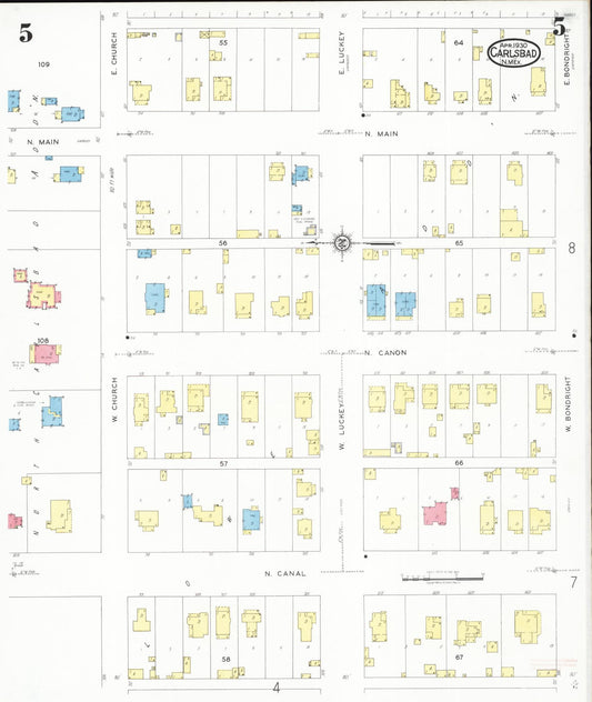 Sanborn Fire Insurance Map from Carlsbad, Eddy County, New Mexico (1930), Sheet #0005 - Historic Sanborn Fire Insurance Map Print, vintage old map wall art, antique decor, genealogy gift, New Mexico New Mexico map