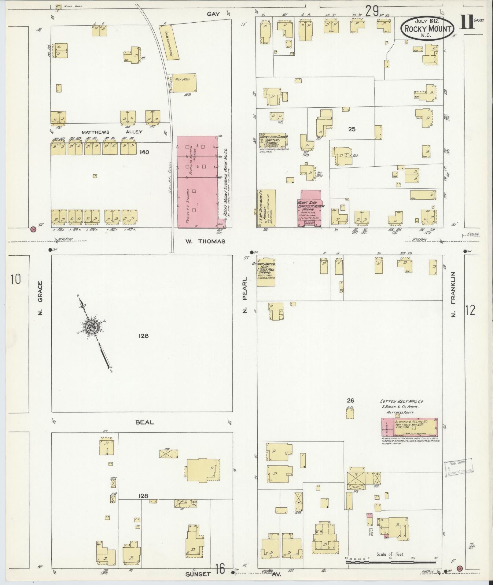 Sanborn Fire Insurance Map from Rocky Mount, Edgecombe And Nash Counties, North Carolina (1912), Sheet #0011 - Complete Map Set gallery image, historic Sanborn map, vintage wall art, North Carolina North Carolina