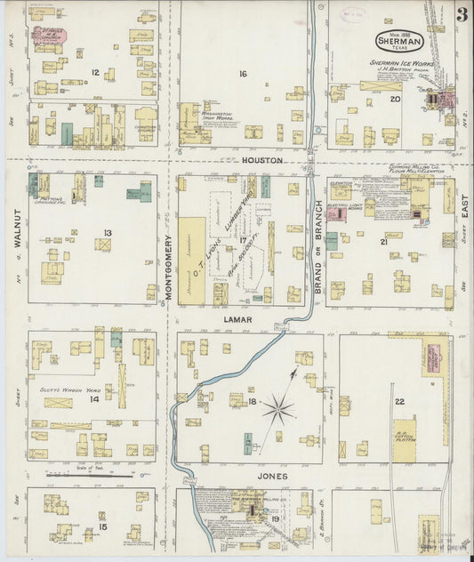 Sanborn Fire Insurance Map from Sherman, Grayson County, Texas (1888), Sheet #0003 - Historic Sanborn Fire Insurance Map Print, vintage old map wall art, antique decor, genealogy gift, Texas Texas map