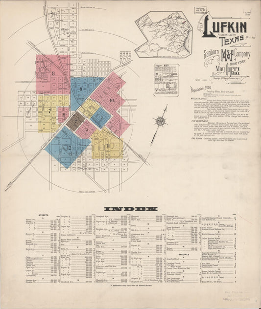 Sanborn Fire Insurance Map from Lufkin, Angelina County, Texas (1922), Sheet #0001 - Complete Map Set gallery image, historic Sanborn map, vintage wall art, Texas Texas