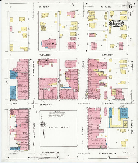 Sanborn Fire Insurance Map from Mount Pleasant, Henry County, Iowa (1920), Sheet #0006 - Historic Sanborn Fire Insurance Map Print, vintage old map wall art