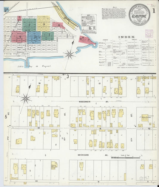 Sanborn Fire Insurance Map from Gladstone, Delta County, Michigan (1907), Sheet #0001 - Historic Sanborn Fire Insurance Map Print, vintage old map wall art, antique decor, genealogy gift, Michigan Michigan map