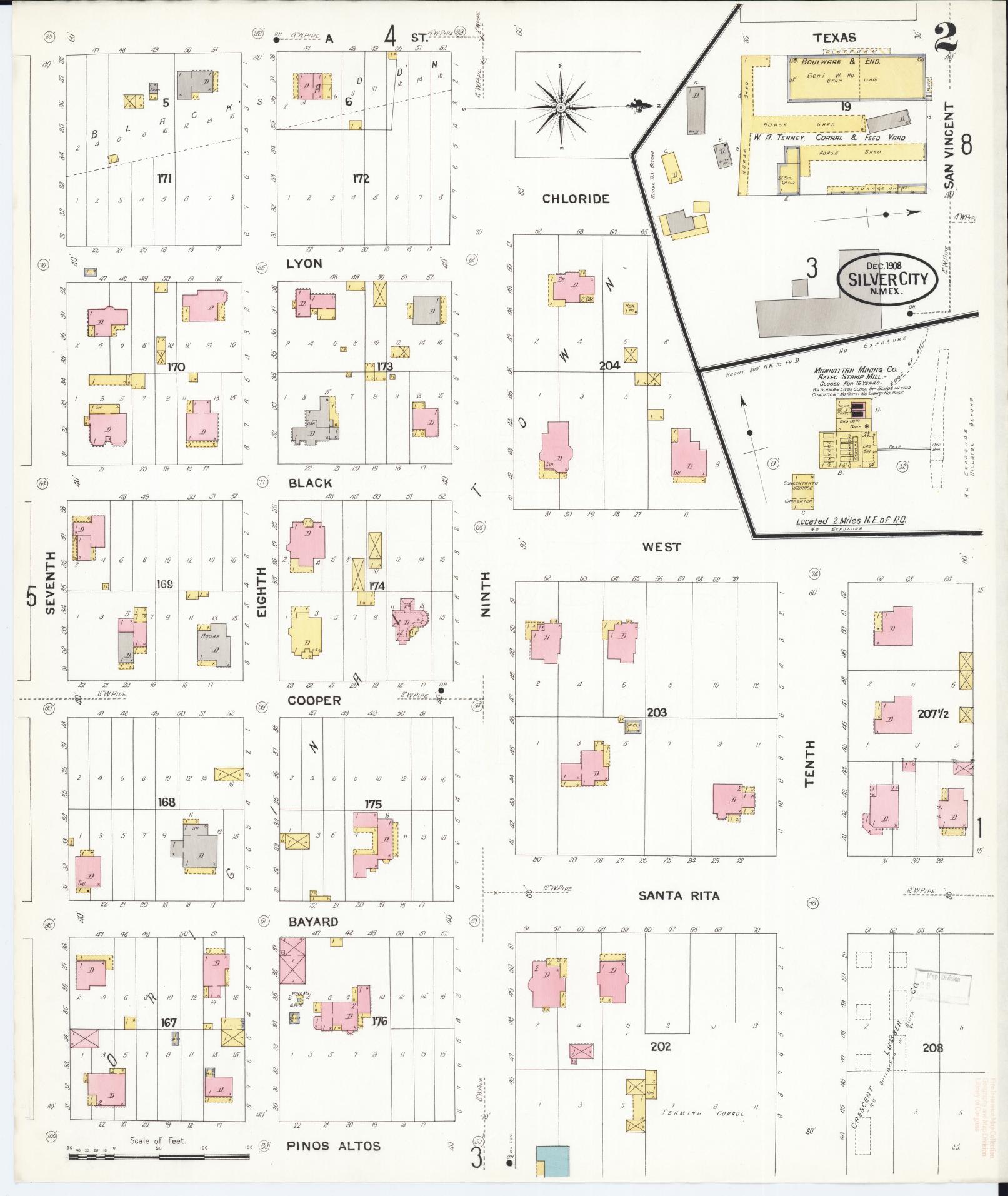 Sanborn Fire Insurance Map from Silver City, Grant County, New Mexico (1908), Sheet #0002 - Historic Sanborn Fire Insurance Map Print, vintage old map wall art, antique decor, genealogy gift, New Mexico New Mexico map
