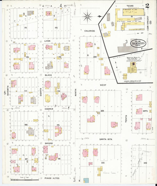 Sanborn Fire Insurance Map from Silver City, Grant County, New Mexico (1908), Sheet #0002 - Historic Sanborn Fire Insurance Map Print, vintage old map wall art, antique decor, genealogy gift, New Mexico New Mexico map