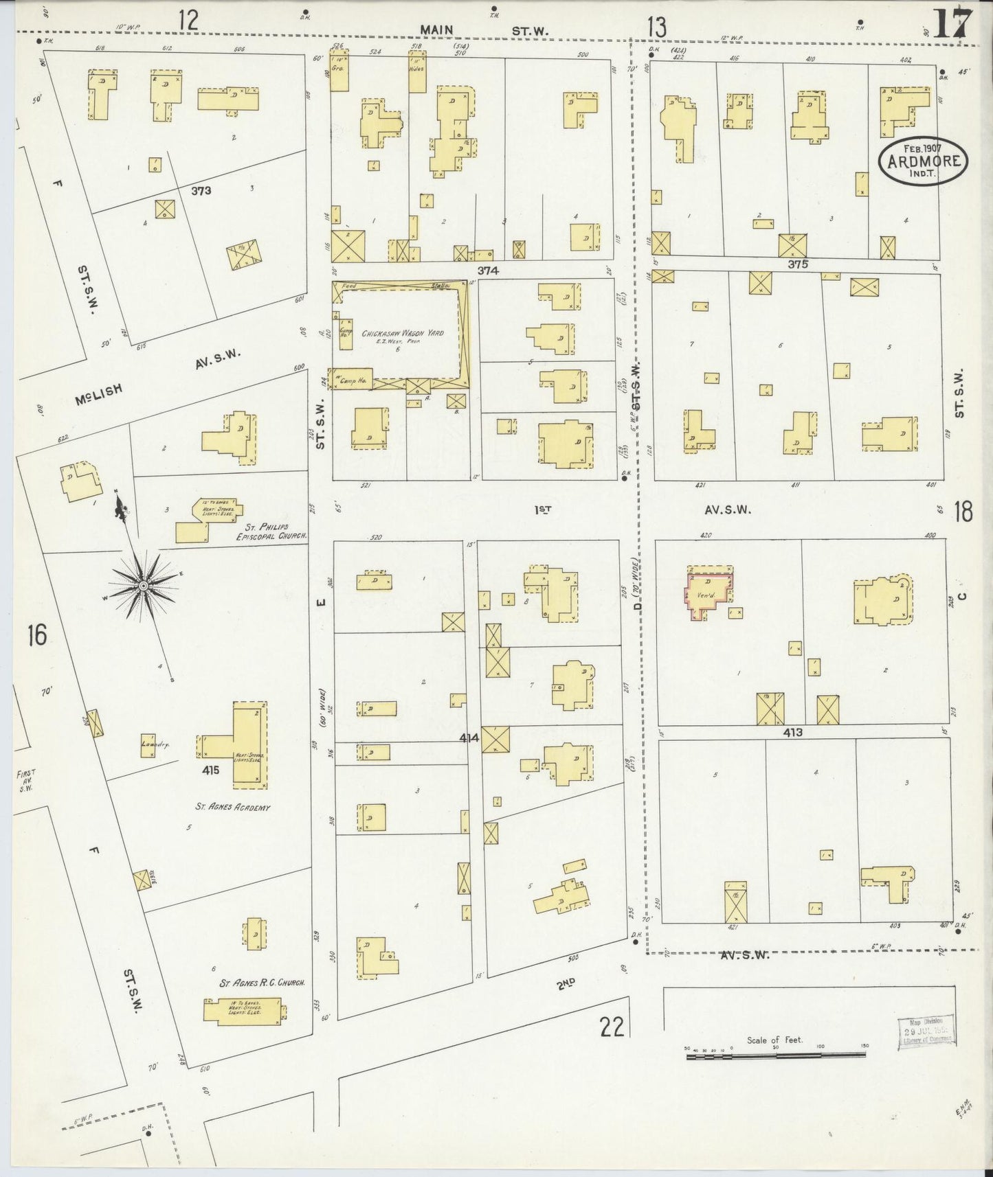 Sanborn Fire Insurance Map from Ardmore, Carter County, Oklahoma (1907), Sheet #0017 - Historic Sanborn Fire Insurance Map Print, vintage old map wall art, antique decor, genealogy gift, Oklahoma Oklahoma map