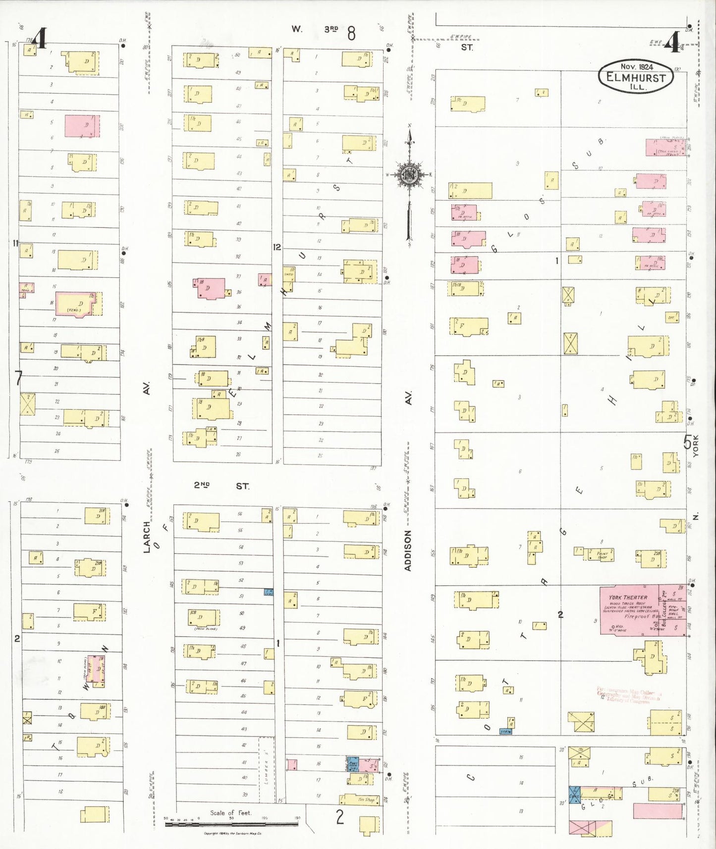 Sanborn Fire Insurance Map from Elmhurst, Du Page County, Illinois (1924), Sheet #0004 - Complete Map Set gallery image, historic Sanborn map, vintage wall art, Illinois Illinois