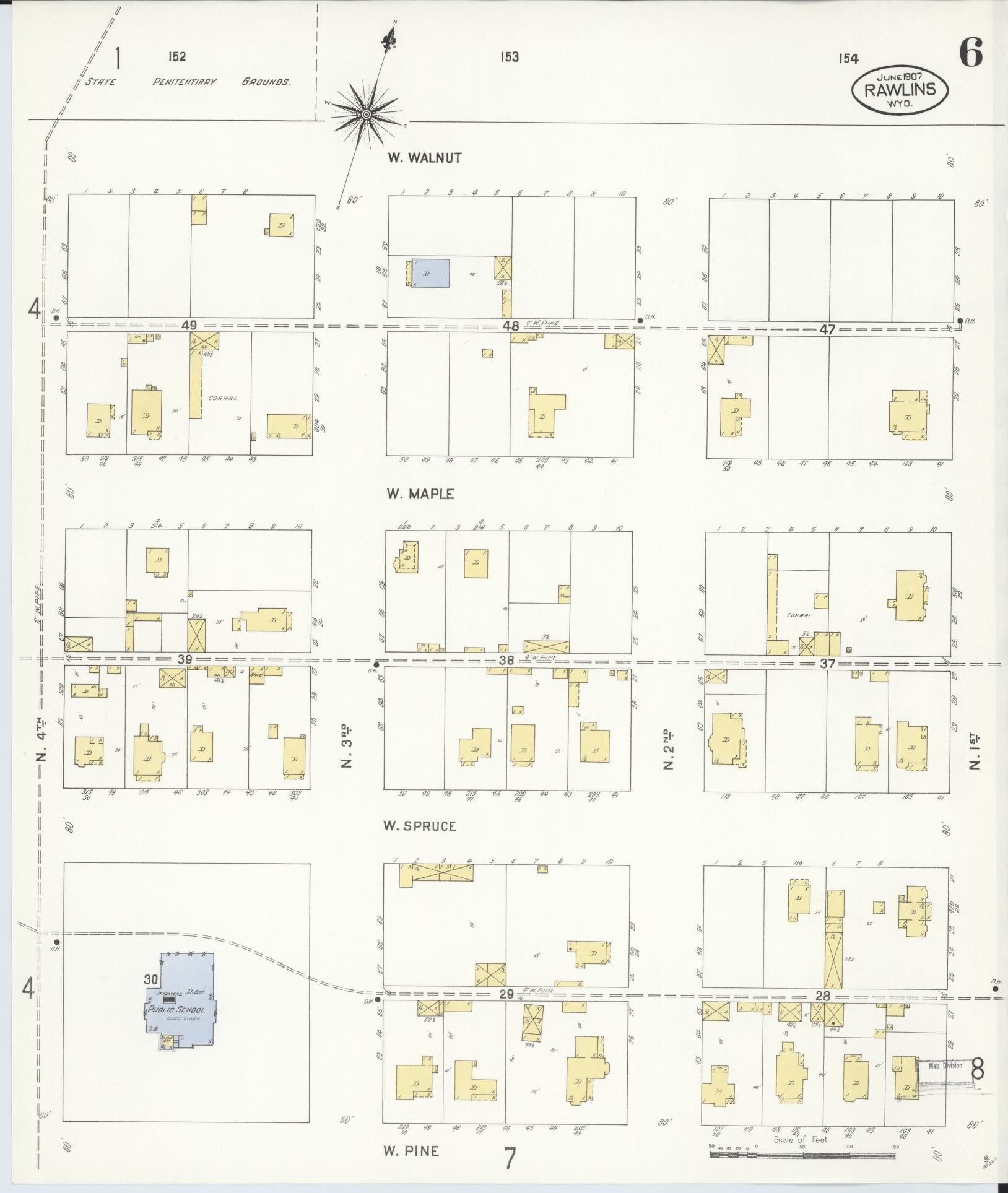 Sanborn Fire Insurance Map from Rawlins, Carbon County, Wyoming (1907), Sheet #0006 - Historic Sanborn Fire Insurance Map Print, vintage old map wall art, antique decor, genealogy gift, Wyoming Wyoming map