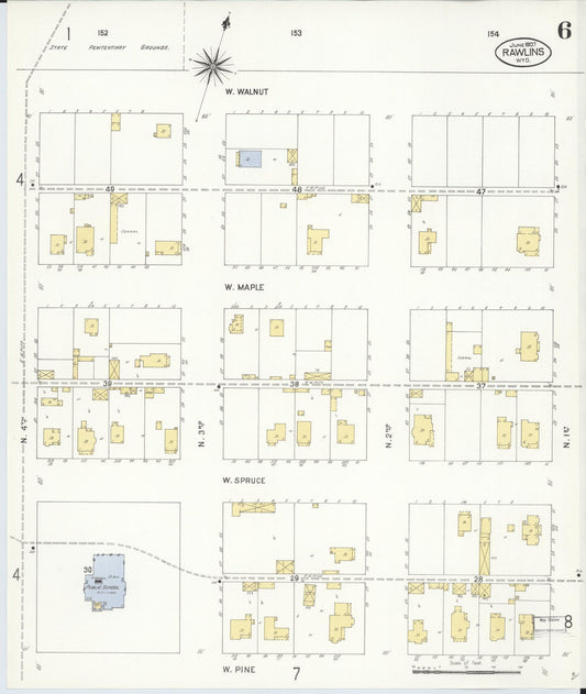 Sanborn Fire Insurance Map from Rawlins, Carbon County, Wyoming (1907), Sheet #0006 - Historic Sanborn Fire Insurance Map Print, vintage old map wall art, antique decor, genealogy gift, Wyoming Wyoming map