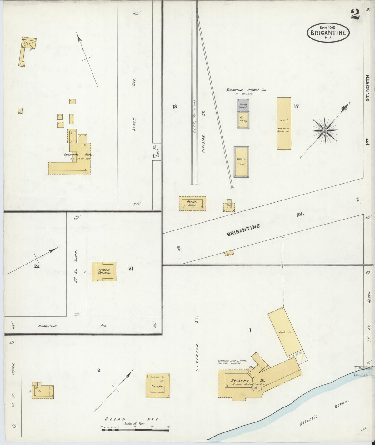 Sanborn Fire Insurance Map from Brigantine, Atlantic County, New Jersey (1906), Sheet #0002 - Historic Sanborn Fire Insurance Map Print, vintage old map wall art, antique decor, genealogy gift, New Jersey New Jersey map