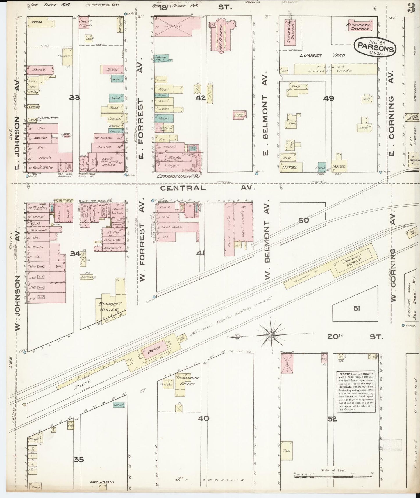 Sanborn Fire Insurance Map from Parsons, Labette County, Kansas (1884), Sheet #0003 - Historic Sanborn Fire Insurance Map Print, vintage old map wall art, antique decor, genealogy gift, Kansas Kansas map