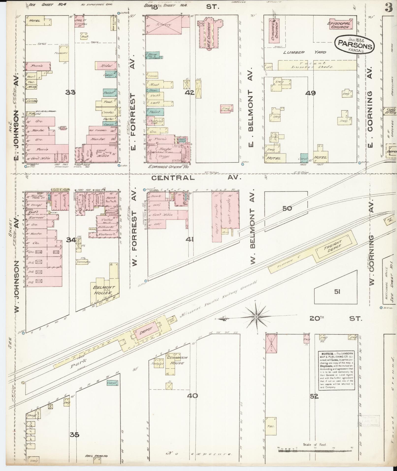 Sanborn Fire Insurance Map from Parsons, Labette County, Kansas (1884), Sheet #0003 - Historic Sanborn Fire Insurance Map Print, vintage old map wall art, antique decor, genealogy gift, Kansas Kansas map