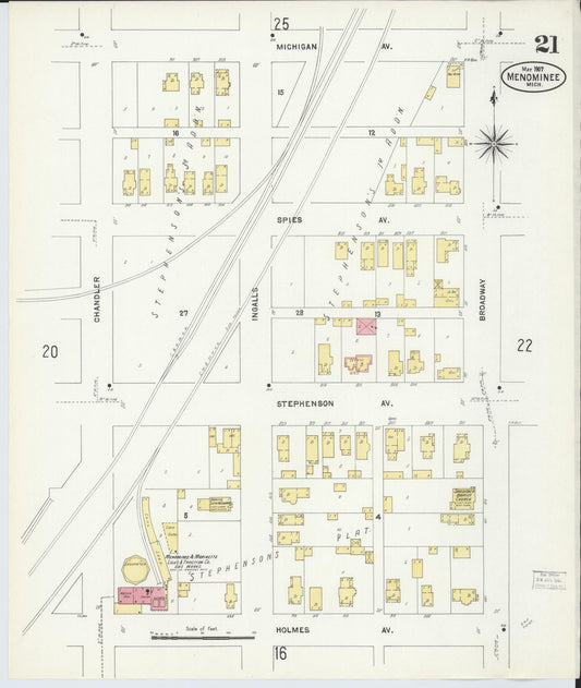 Sanborn Fire Insurance Map from Menominee, Menominee County, Michigan (1907), Sheet #0021 - Historic Sanborn Fire Insurance Map Print, vintage old map wall art, antique decor, genealogy gift, Michigan Michigan map