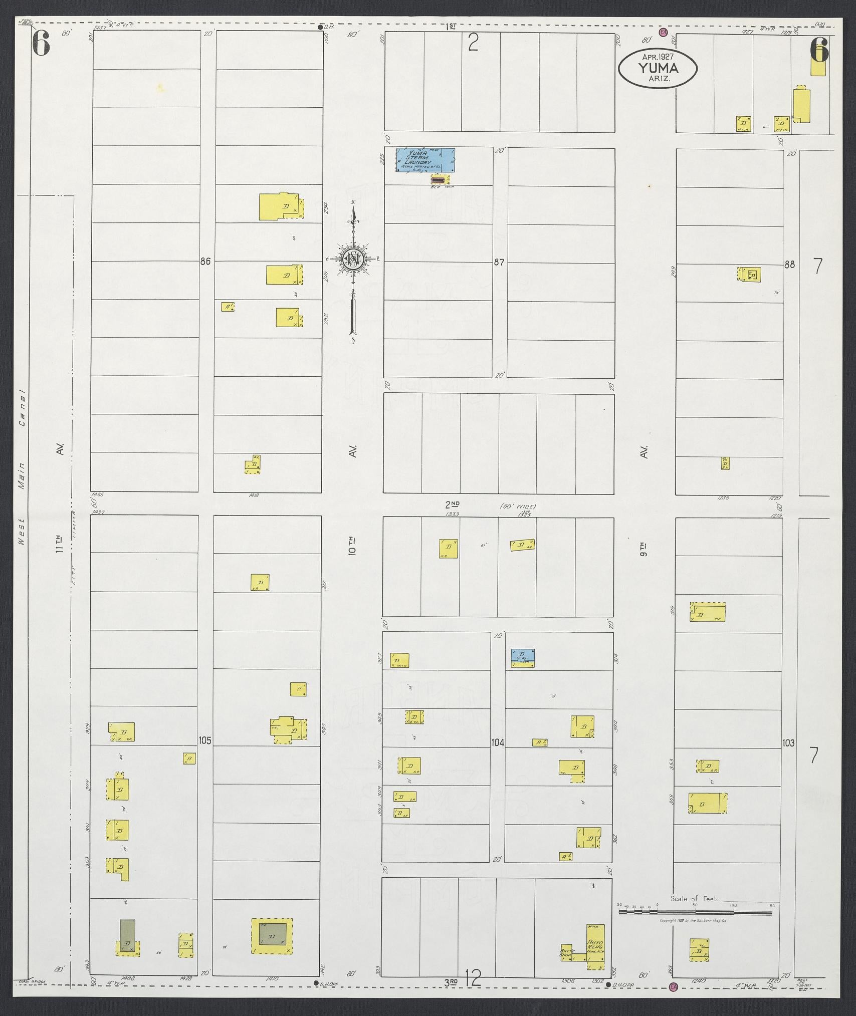 Sanborn Fire Insurance Map from Yuma, Yuma County, Arizona (1927), Sheet #0006 - Complete Map Set gallery image, historic Sanborn map, vintage wall art, Arizona Arizona