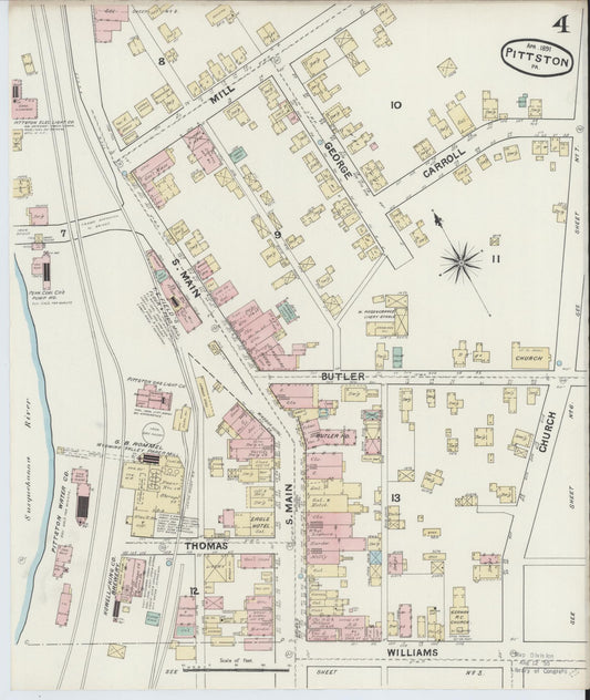 Sanborn Fire Insurance Map from Pittston, Luzerne County, Pennsylvania (1891), Sheet #0004 - Historic Sanborn Fire Insurance Map Print, vintage old map wall art, antique decor, genealogy gift, Pennsylvania Pennsylvania map