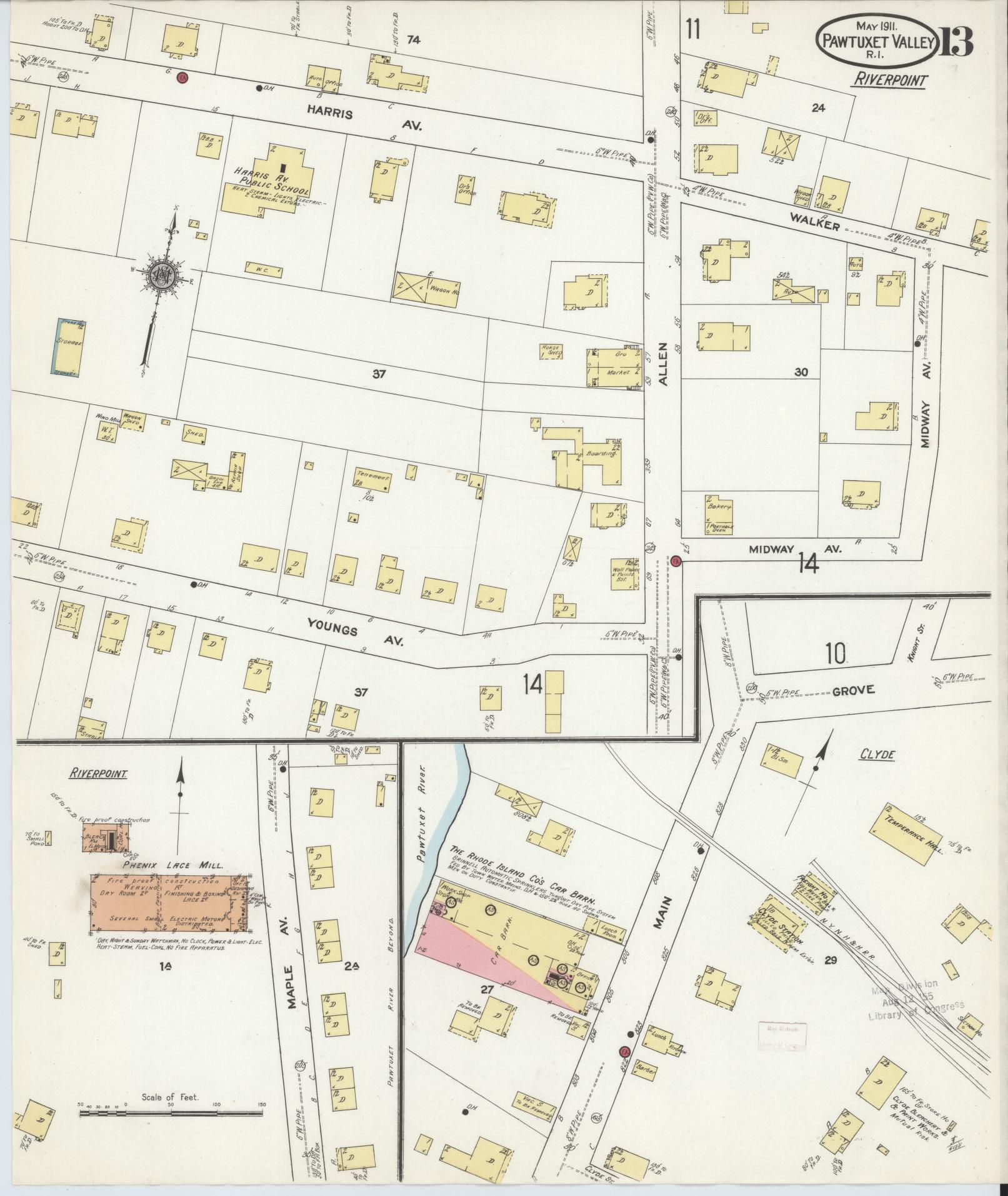 Sanborn Fire Insurance Map from Pawtuxet Valley, Kent and Providence Counties, Rhode Island (1911), Sheet #0013 - Historic Sanborn Fire Insurance Map Print, vintage old map wall art, antique decor, genealogy gift, Washington Washington map
