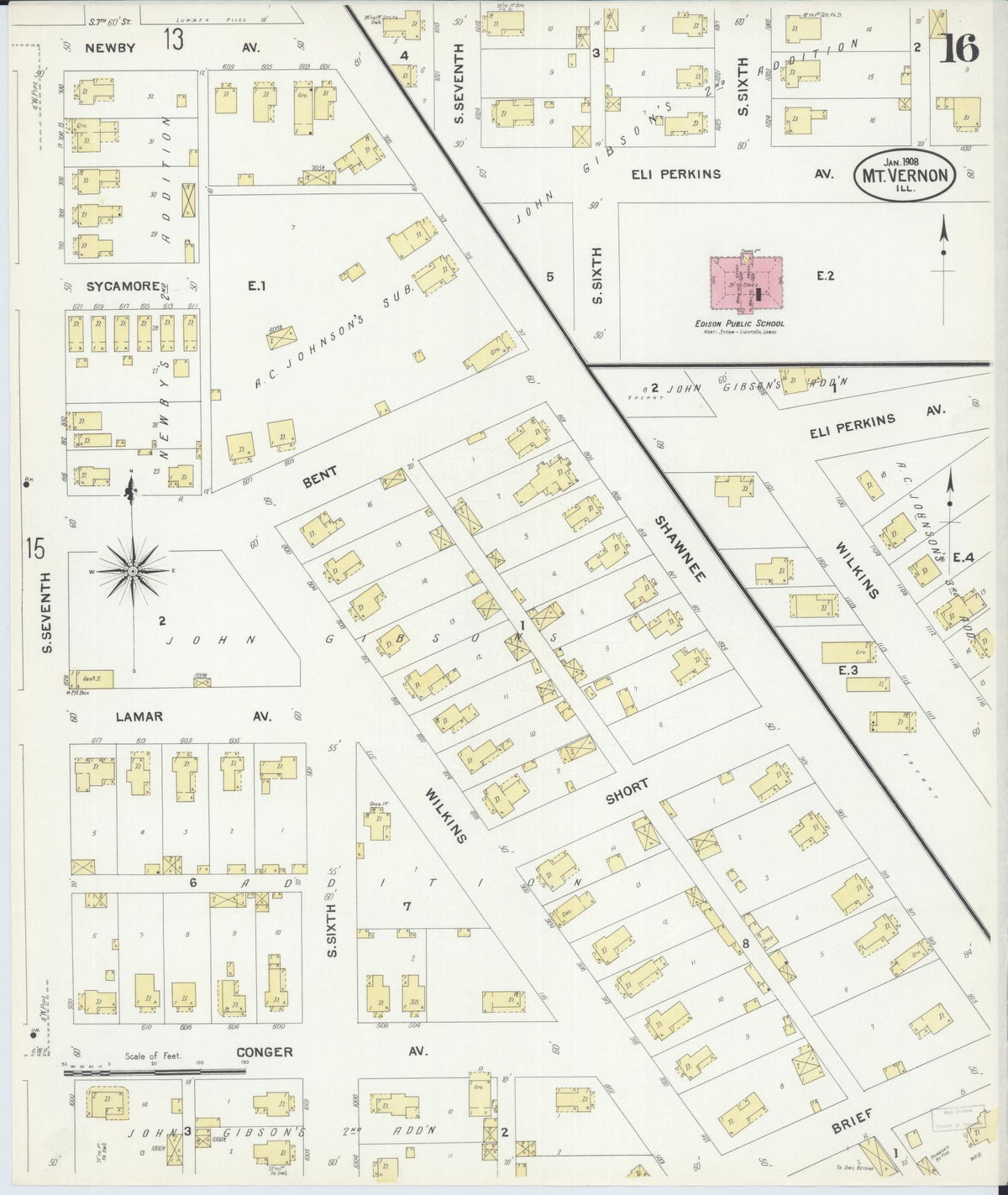 Sanborn Fire Insurance Map from Mount Vernon, Jefferson County, Illinois (1908), Sheet #0016 - Historic Sanborn Fire Insurance Map Print, vintage old map wall art, antique decor, genealogy gift, Illinois Illinois map