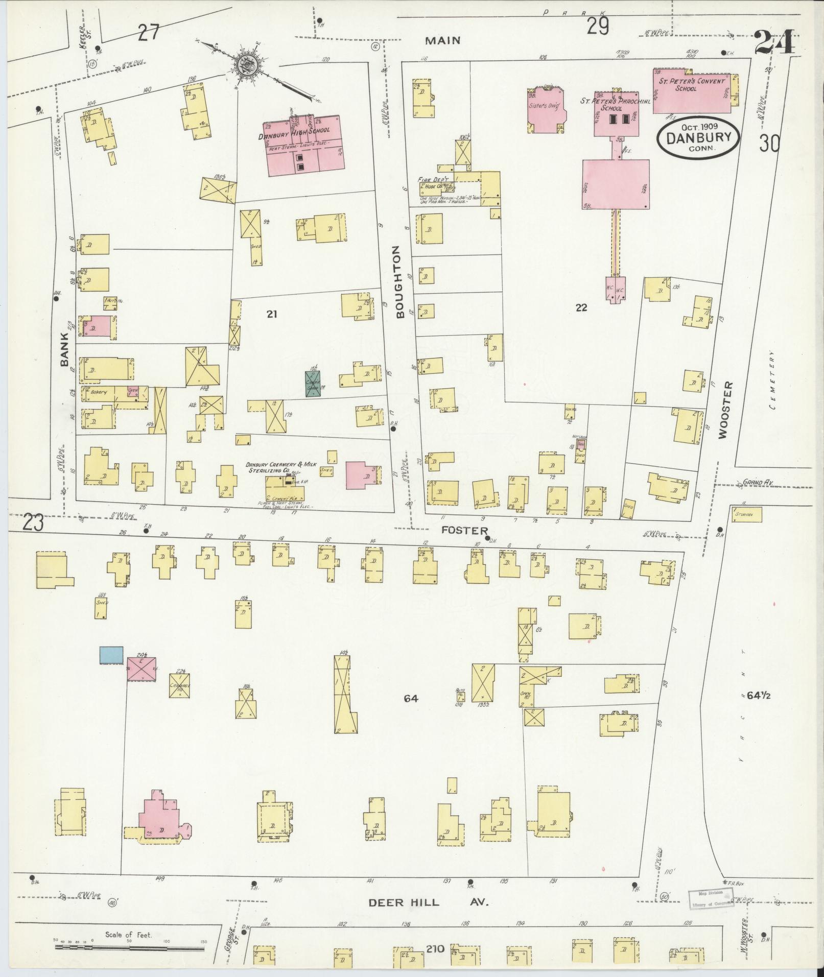 Sanborn Fire Insurance Map from Danbury, Fairfield County, Connecticut (1909), Sheet #0024 - Complete Map Set gallery image, historic Sanborn map, vintage wall art, Connecticut Connecticut