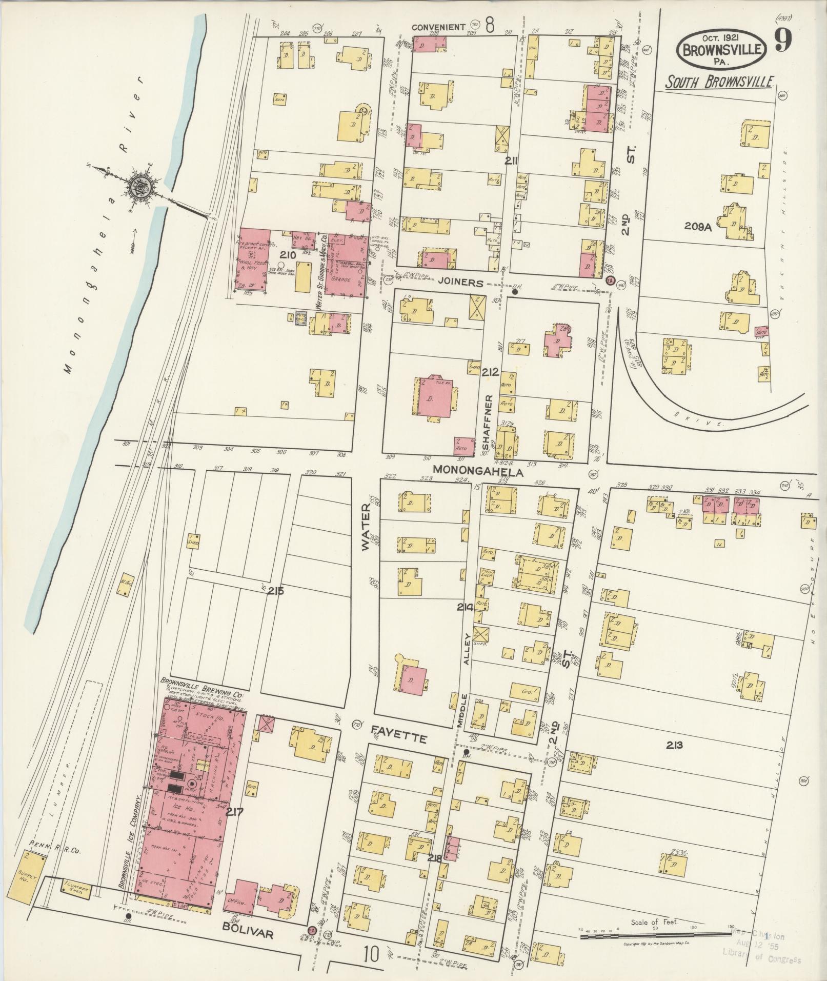 Sanborn Fire Insurance Map from Brownsville, Fayette County, Pennsylvania (1921), Sheet #0009 - Historic Sanborn Fire Insurance Map Print, vintage old map wall art, antique decor, genealogy gift, Pennsylvania Pennsylvania map