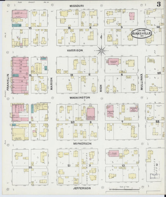 Sanborn Fire Insurance Map from Kirksville, Adair County, Missouri (1891), Sheet #0003 - Historic Sanborn Fire Insurance Map Print, vintage old map wall art, antique decor, genealogy gift, Missouri Missouri map