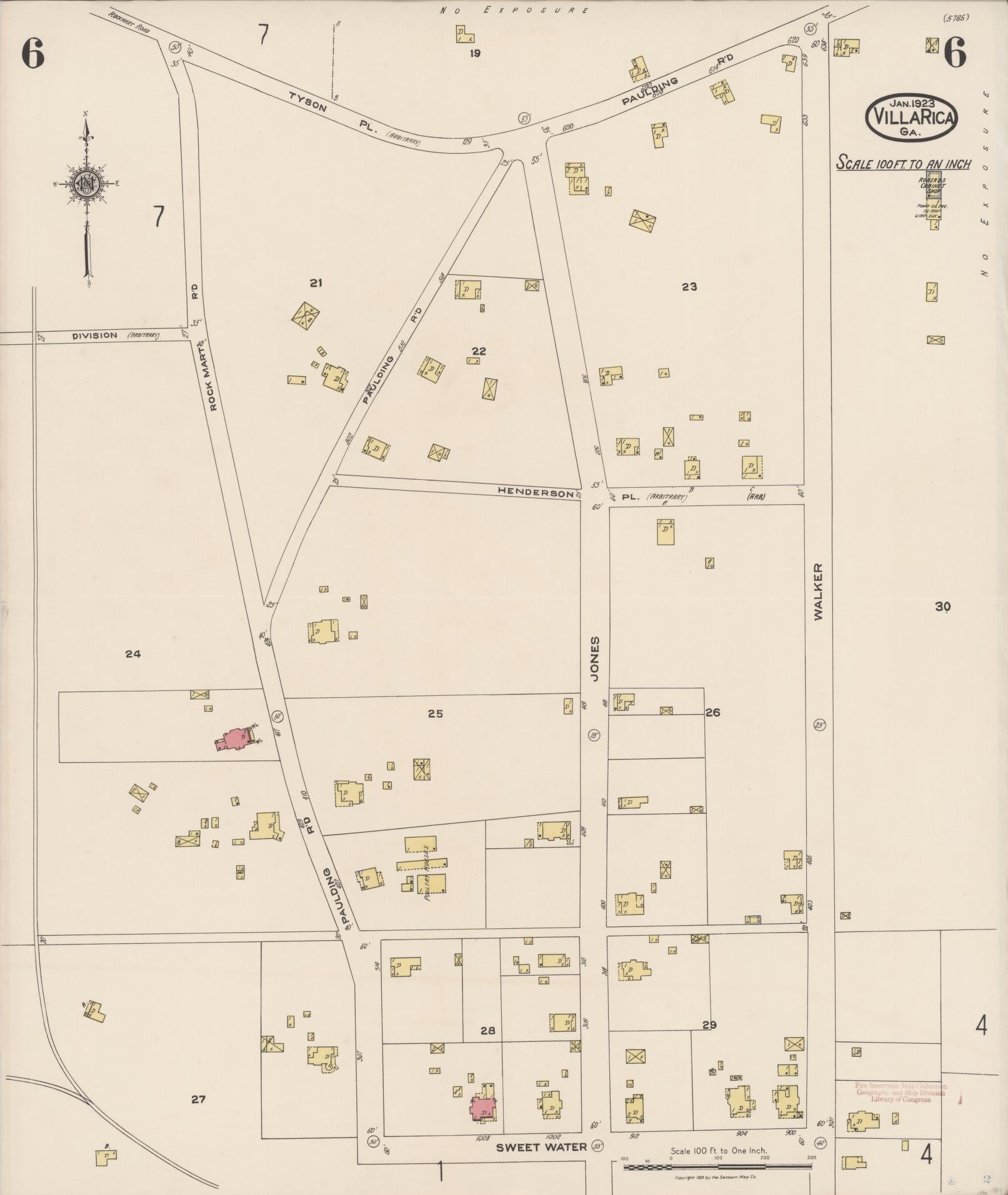 Sanborn Fire Insurance Map from Villa Rica, Carroll County, Georgia (1923), Sheet #0006 - Historic Sanborn Fire Insurance Map Print, vintage old map wall art, antique decor, genealogy gift, Georgia Georgia map