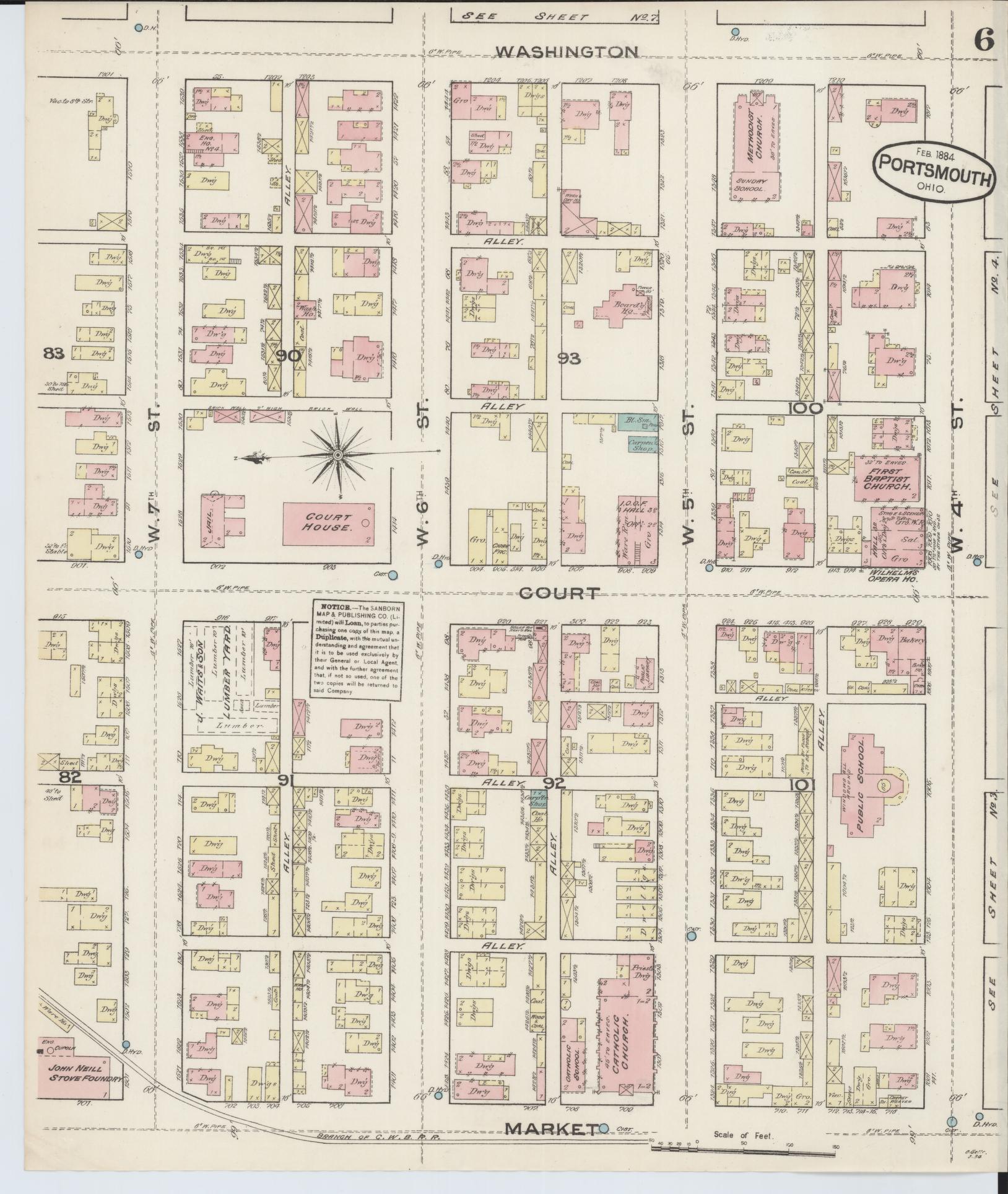 Sanborn Fire Insurance Map from Portsmouth, Scioto County, Ohio (1884), Sheet #0006 - Historic Sanborn Fire Insurance Map Print, vintage old map wall art, antique decor, genealogy gift, Ohio Ohio map
