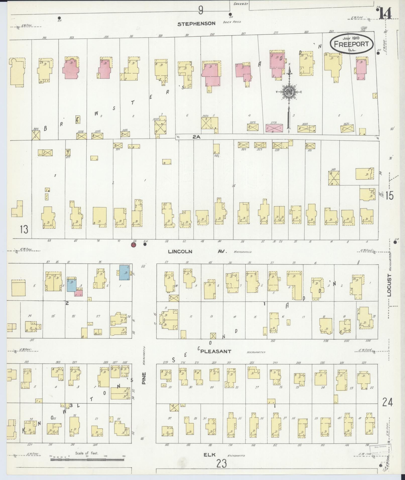Sanborn Fire Insurance Map from Freeport, Stephenson County, Illinois (1910), Sheet #0014 - Historic Sanborn Fire Insurance Map Print, vintage old map wall art, antique decor, genealogy gift, Illinois Illinois map