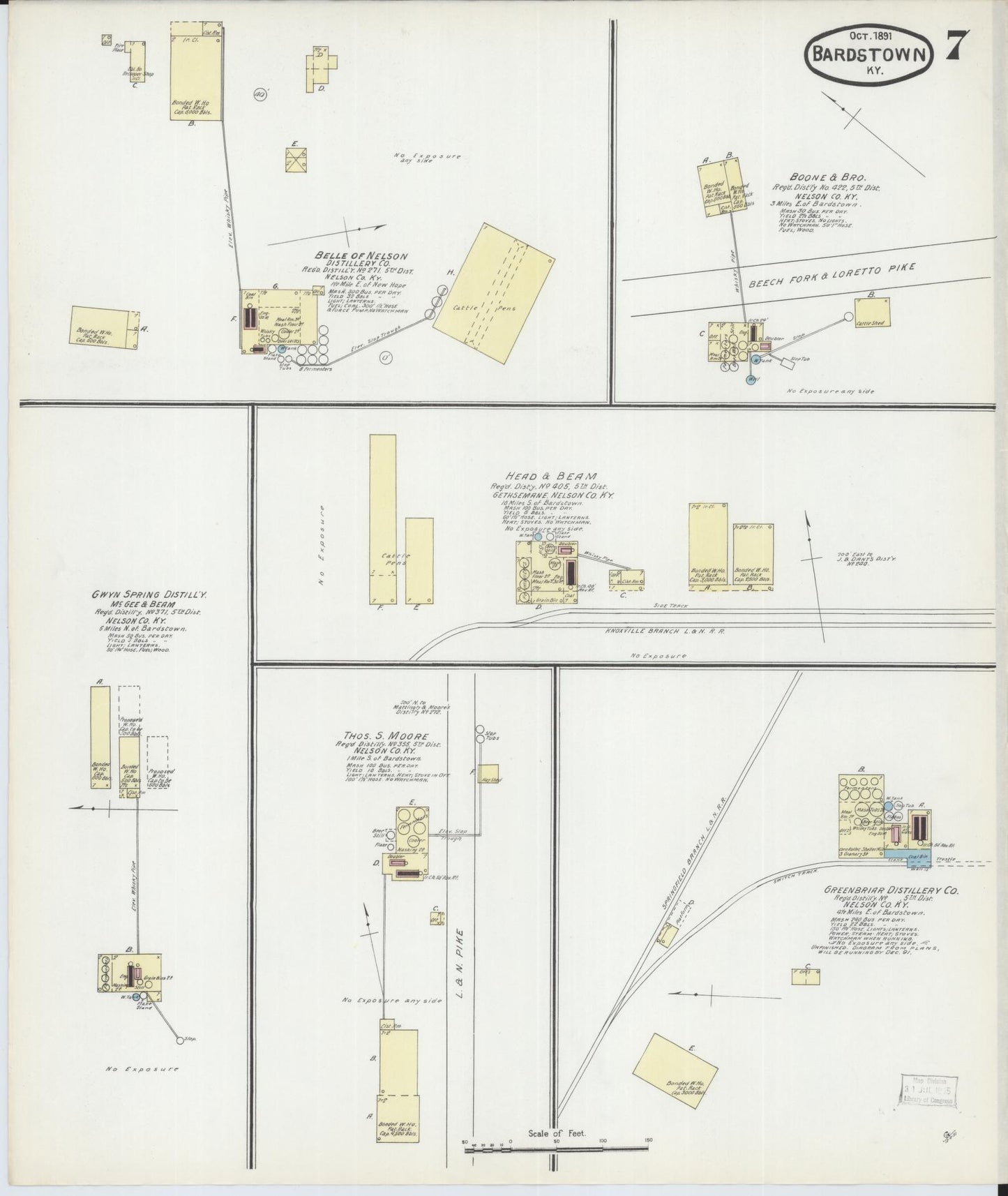 Sanborn Fire Insurance Map from Bardstown, Nelson County, Kentucky (1891), Sheet #0007 - Historic Sanborn Fire Insurance Map Print, vintage old map wall art, antique decor, genealogy gift, Kentucky Kentucky map